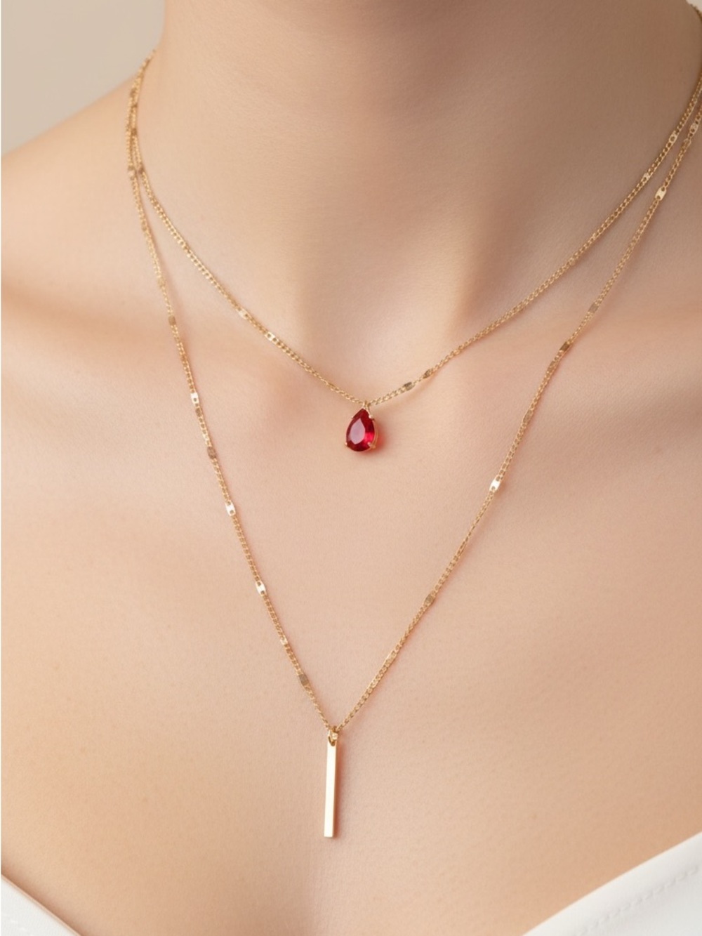 Gold Plated Layered Necklace with Red CZ Teardrop Pendant